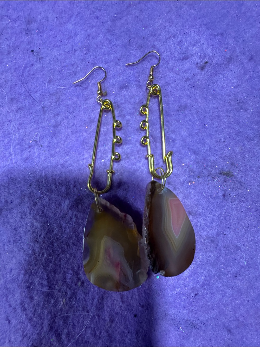 Gold Drop Agate safety pin  Dangle Earrings - Brown Pink Agate